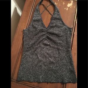Black and silver sparkle stretch halter top.